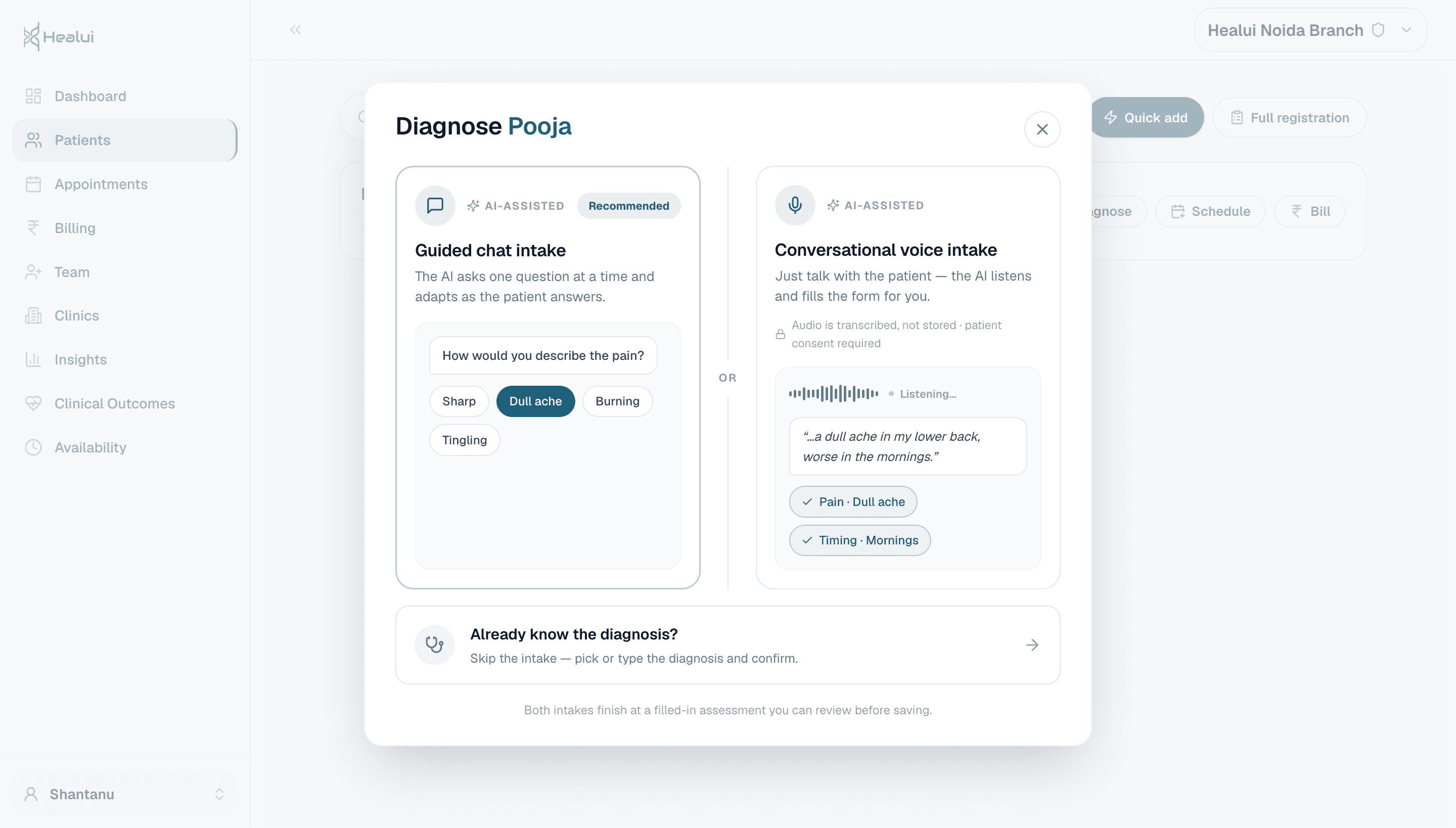 Healui intake choice with guided chat and conversational voice intake