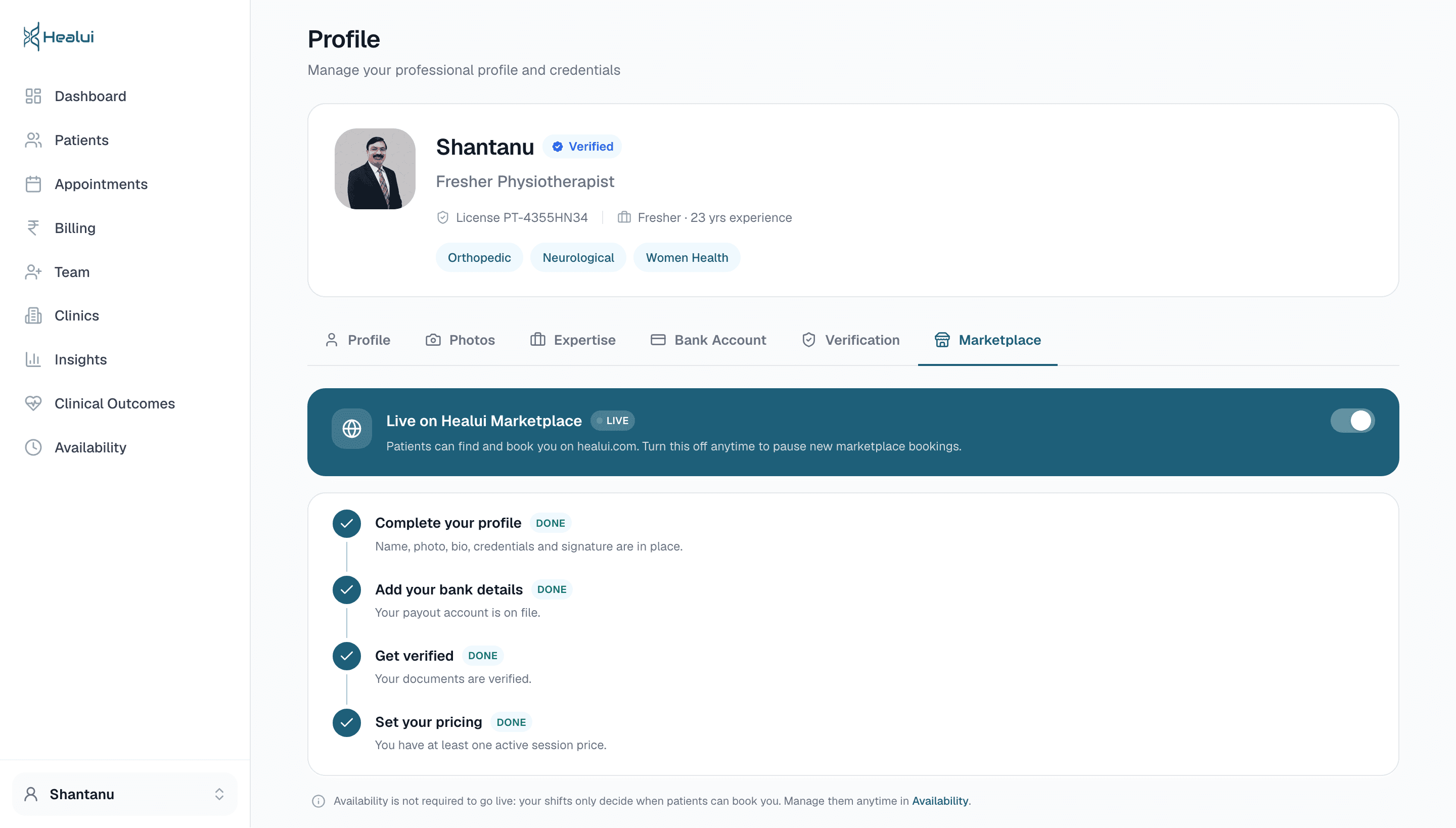 Healui profile Marketplace tab with live toggle and checklist