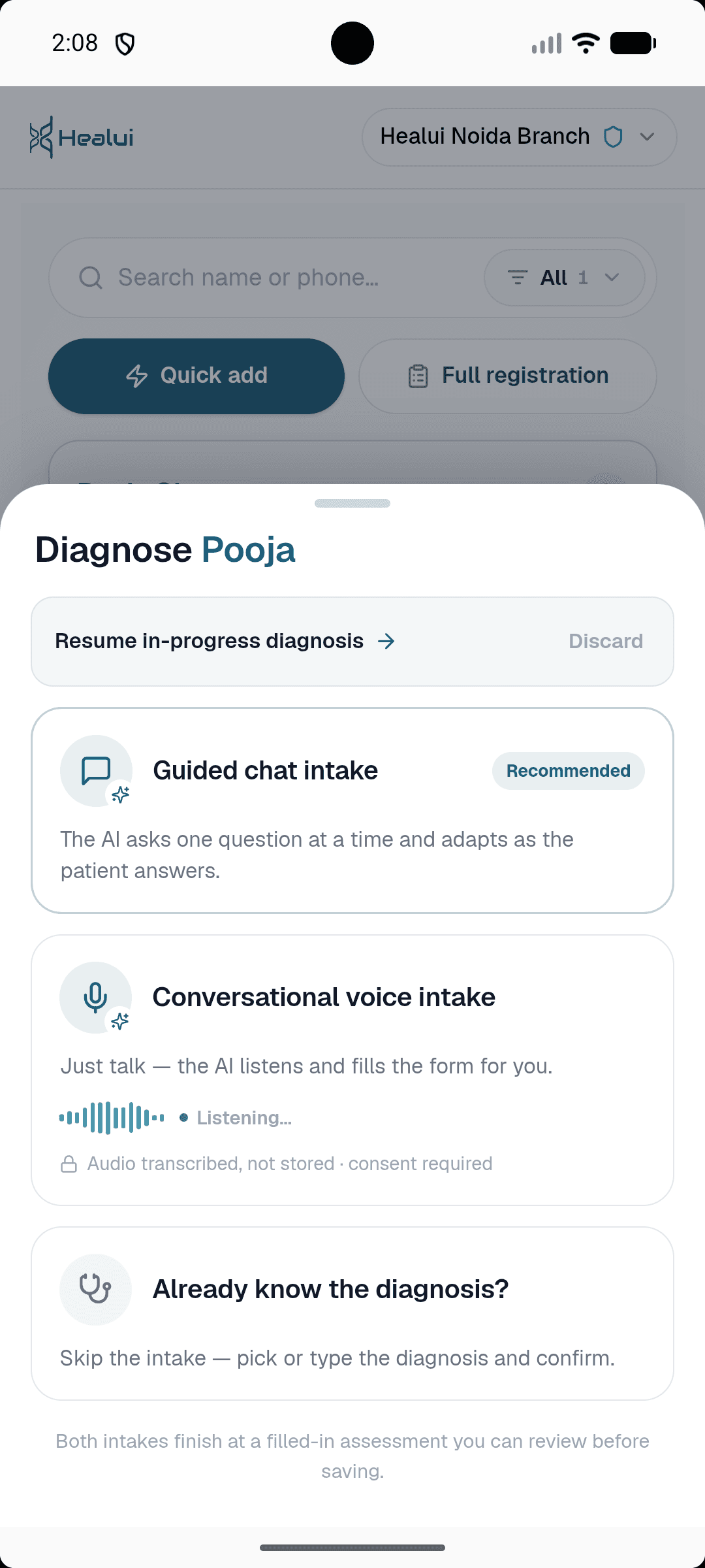 Healui mobile intake with chat and voice options