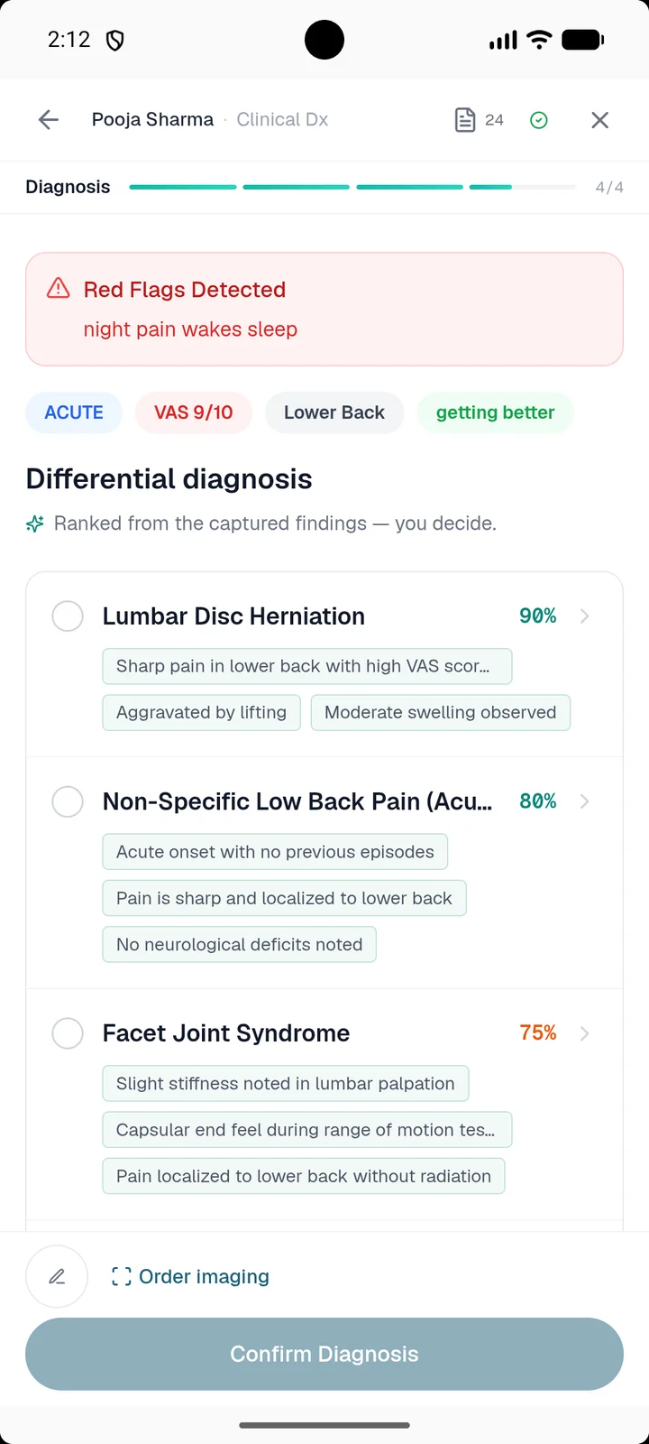 Differential diagnosis ranked with the findings behind each score